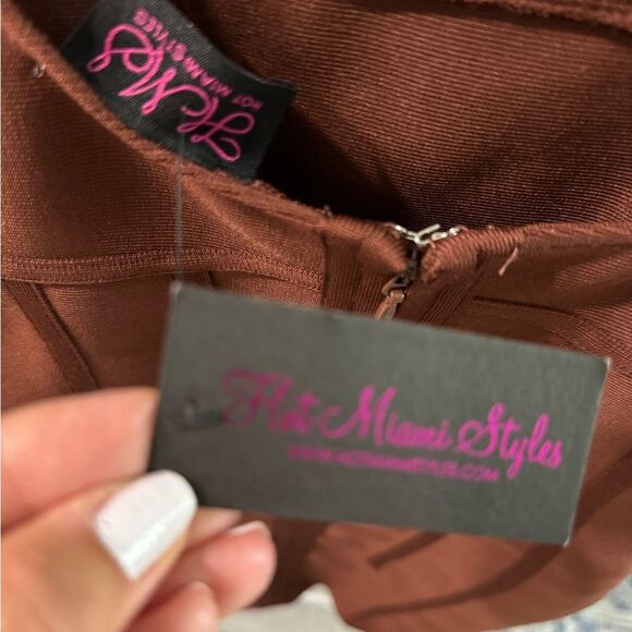 Hot Miami Styles Bandage Mini Dress Women's Brown Fitted Stretch Small Sexy - Picture 4 of 7